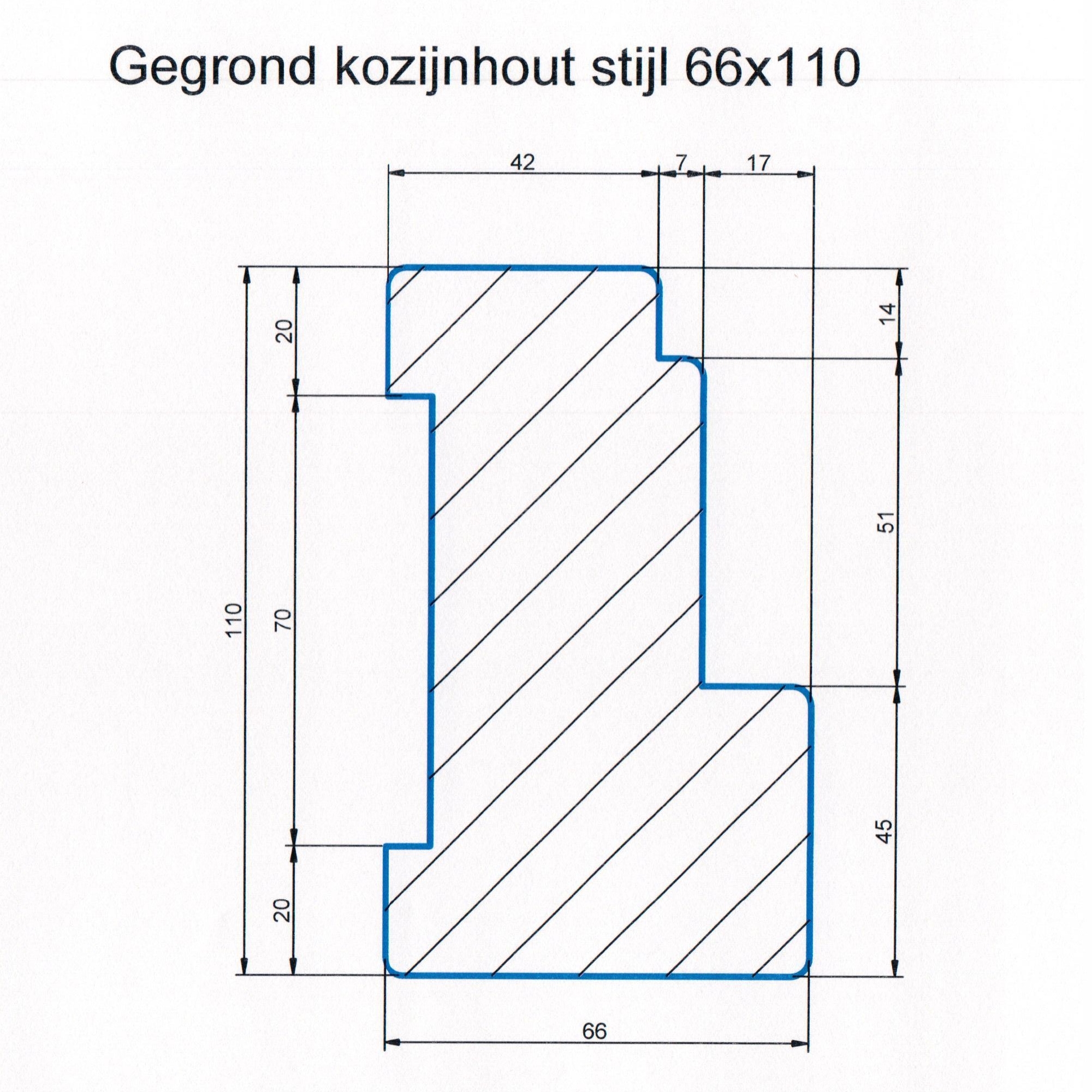 Hardhout 66x110 kozijnhout gegrond L=3540 stijl