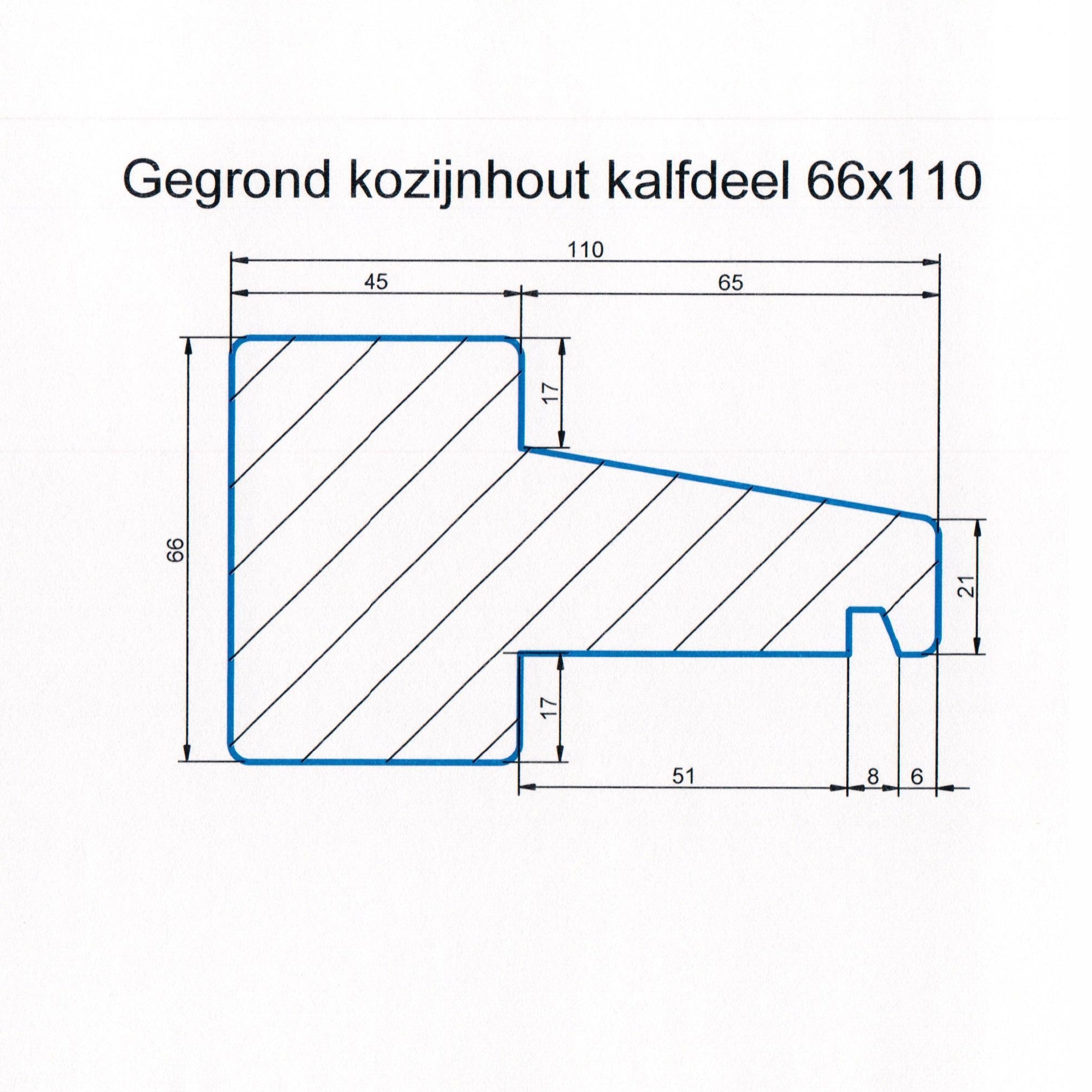 Hardhout 66x110 kozijnhout gegrond L=2360 kalfdeel