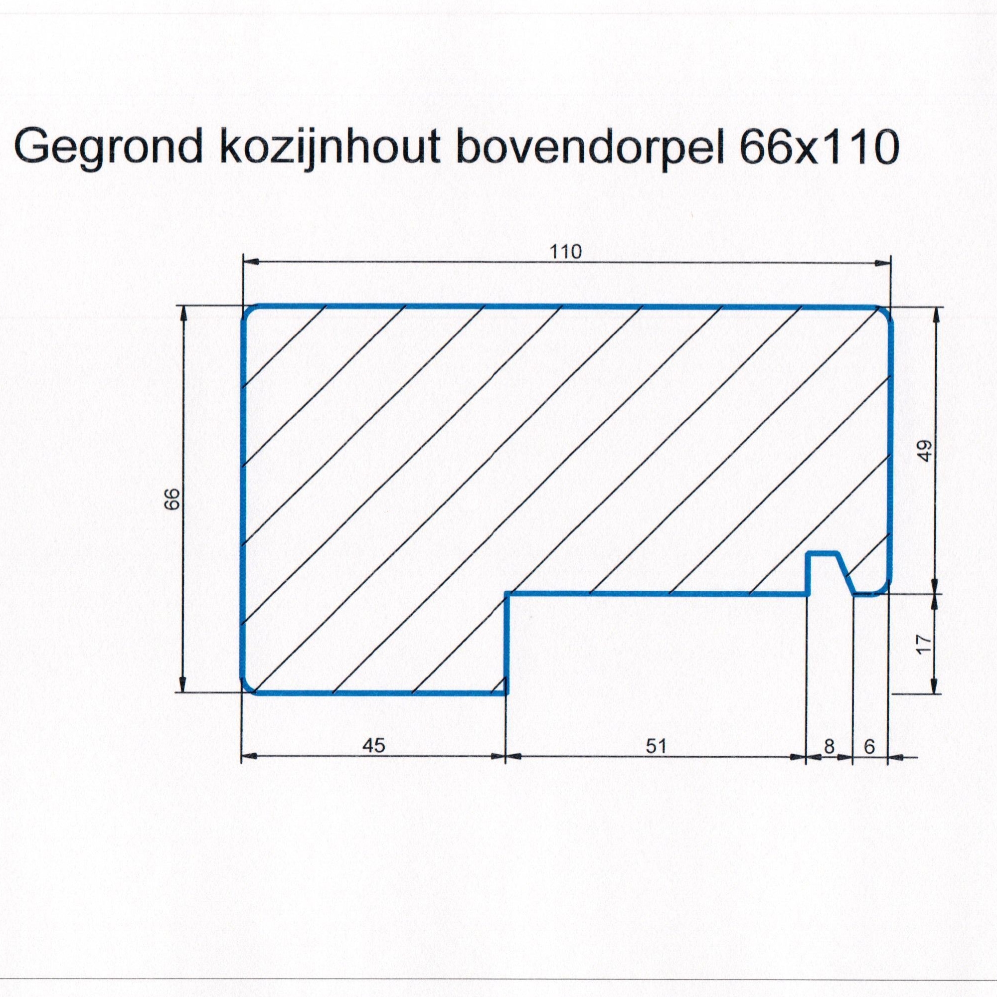 Hardhout 66x110 kozijnhout gegrond L=2950 bovendorpel