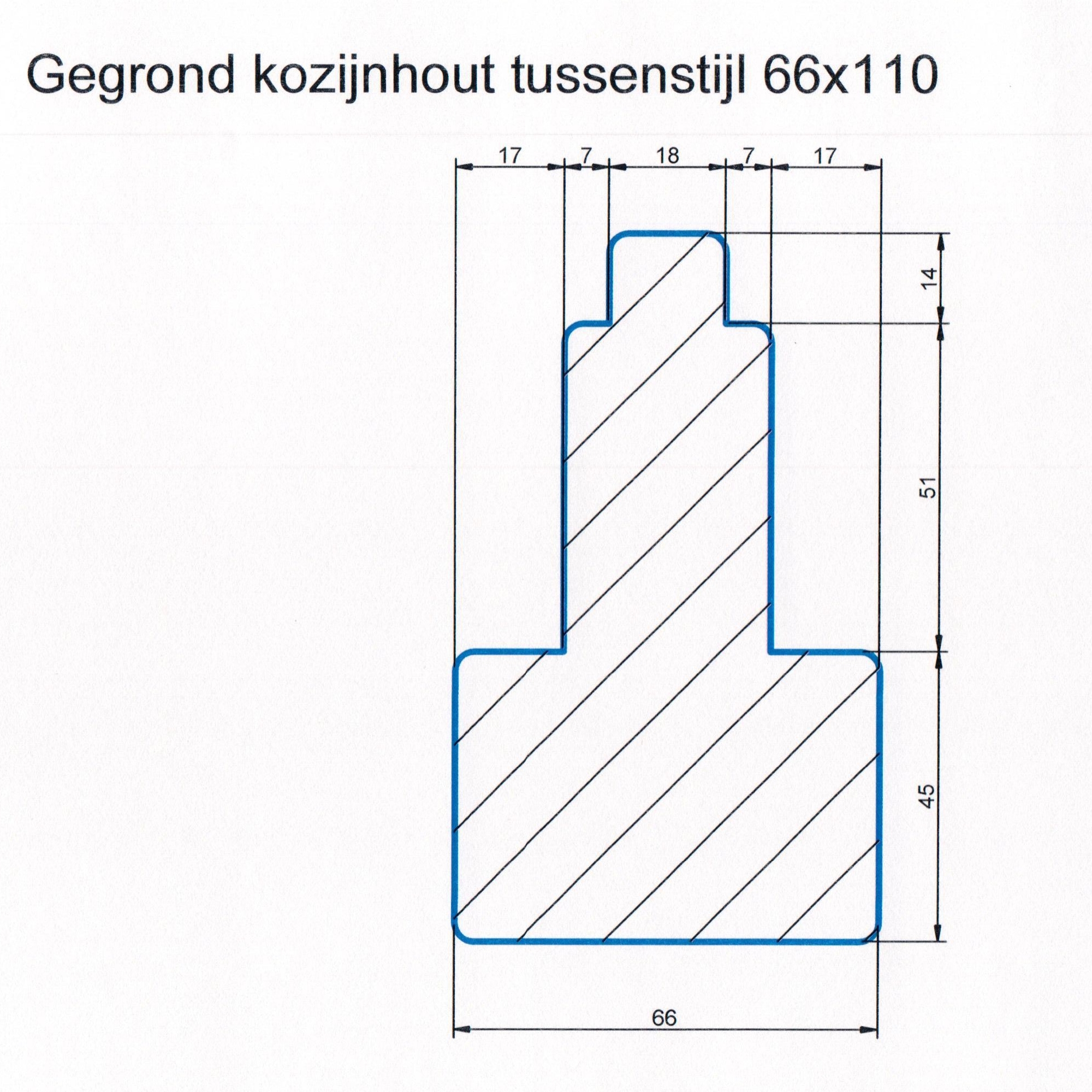 Hardhout 66x110 kozijnhout gegrond L=3540 tussenstijl