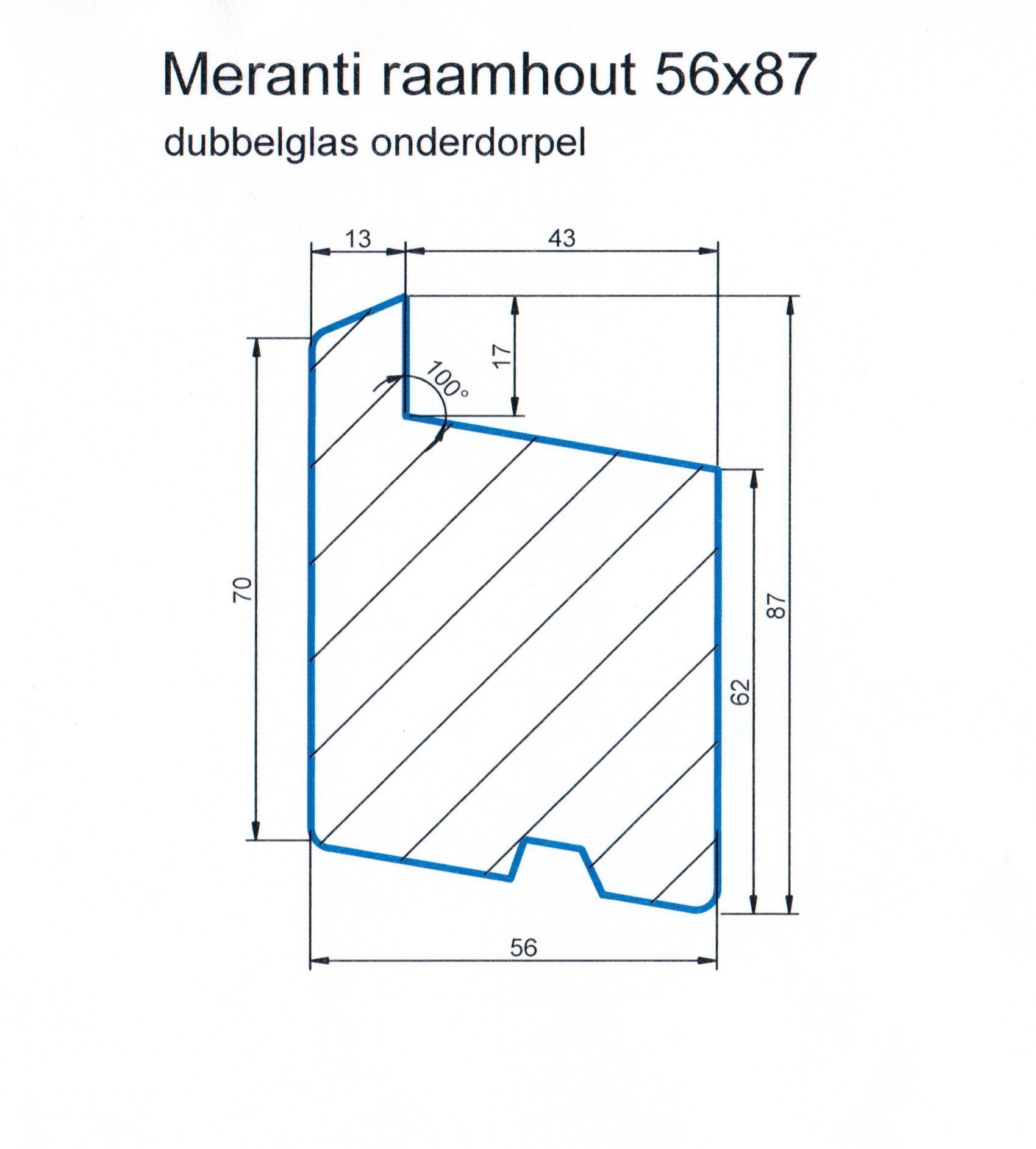Meranti raamhout 56x87 (dubbel glas onderdorpel) L=2450 mm