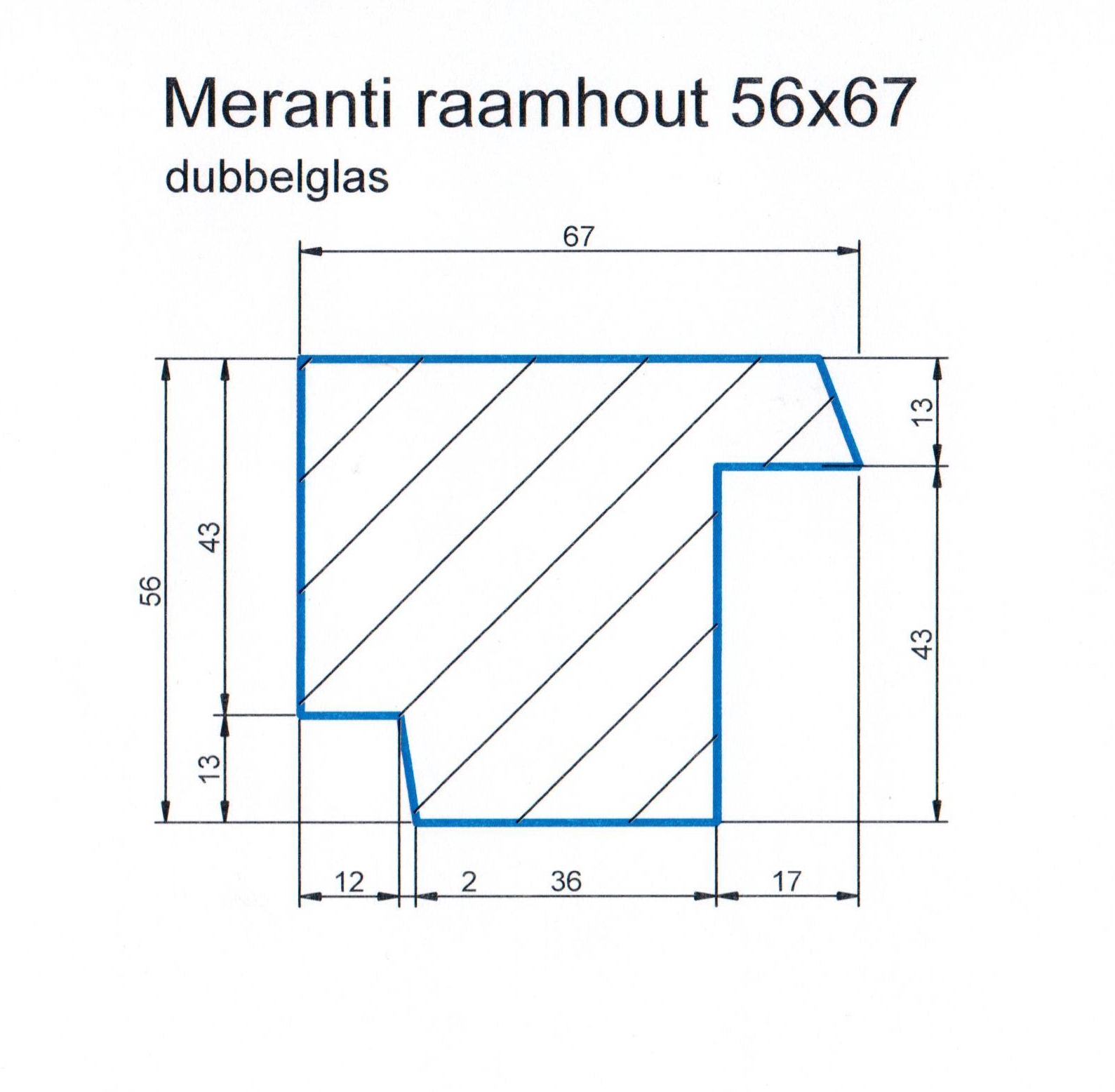 Meranti raamhout 56x67 (dubbel glas) L=1000 mm