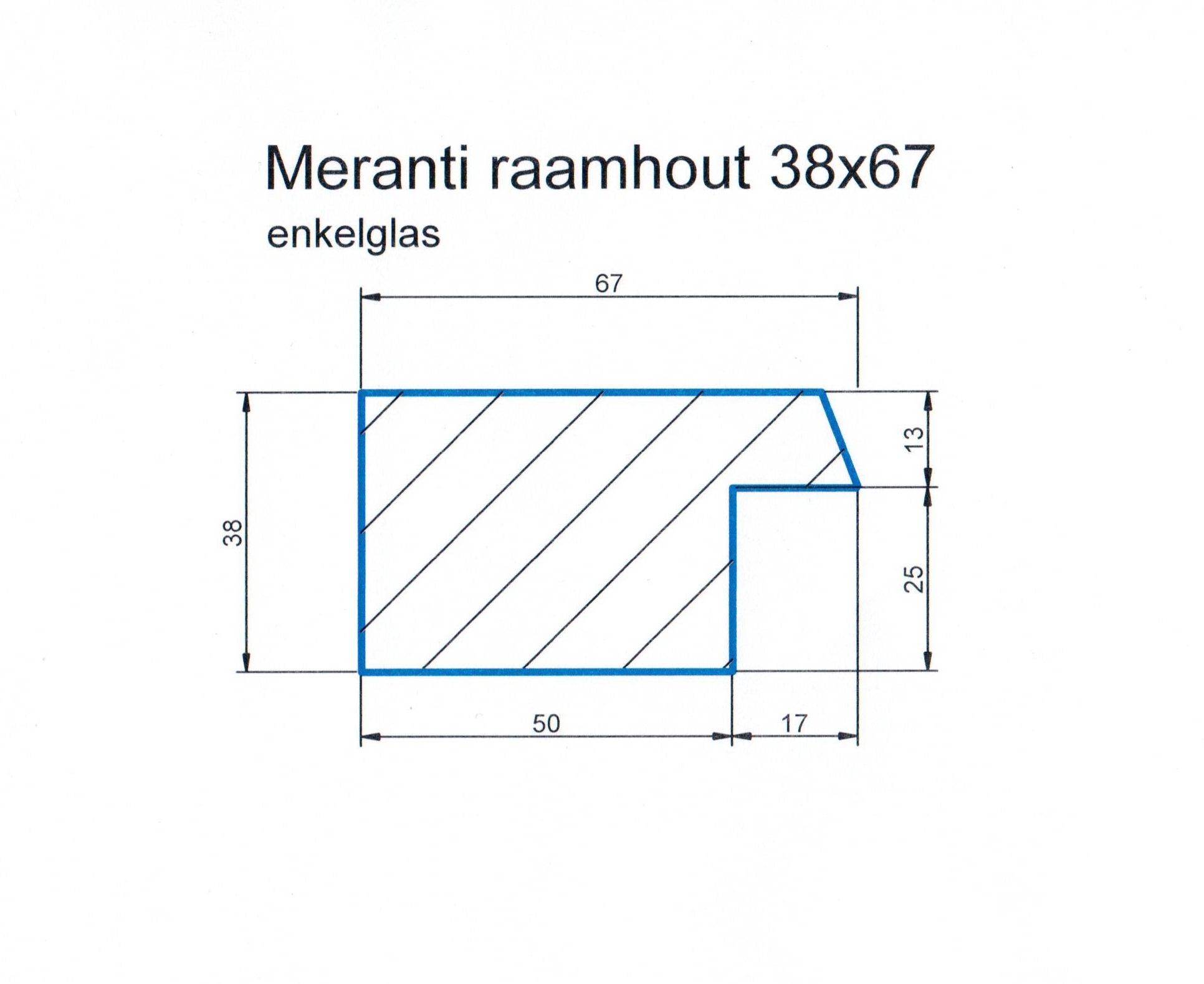 Meranti raamhout 38x67 (enkel glas) L=2450 mm